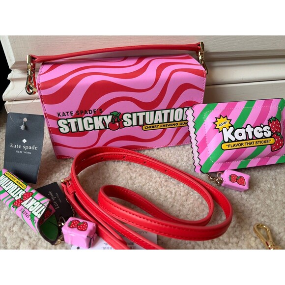 Handbags - KATE SPADE Treat Yourself Bubblegum Crossbody Card Case Bag Charm Set Of 3 NWT